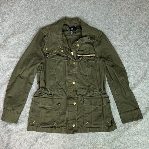 H&M Womens Jacket 12 Green Cargo Military Zip Snap Twill Waist Length Causal Top