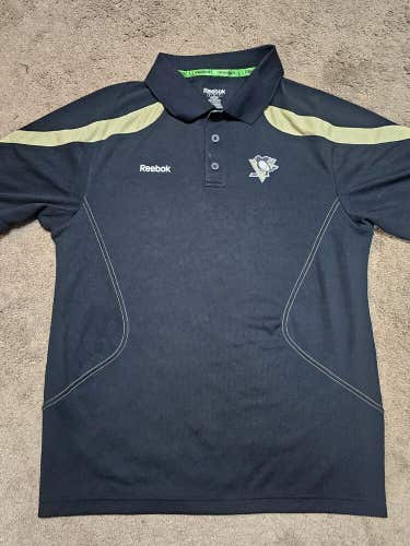 PITTSBURGH PENGUINS Reebok Center Ice Locker Room Dry Fit Worn Polo Shirt Small