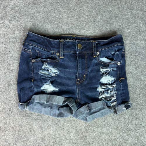 American Eagle Women Shorts 2 Jean Blue Denim Dark Wash High Rise Shortie Pocket