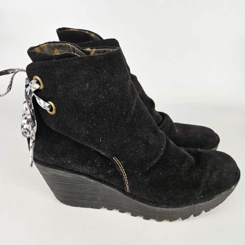 Fly London Yama Black Suede Wedge Rear Lace Platform Ankle Boots Size: 42 / 11