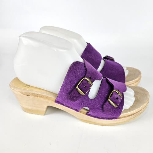 SVEN Original 2-Strap Buckle Clogs Purple Suede Wedge Natural Wood Sandal 40 / 9