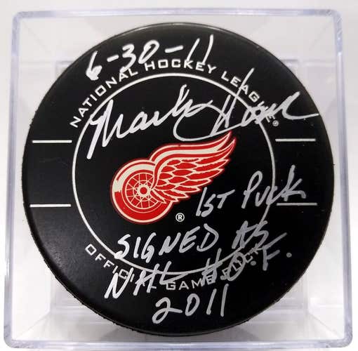 MARK HOWE Autographed Detroit Red Wings Hockey GAME 1ST PUCK SIGNED HOF 6-30-11