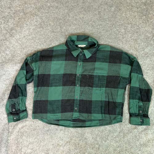 American Eagle Womens Shirt Medium Green Black Flannel Check Cropped Button Up