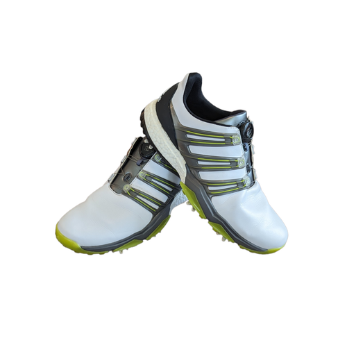 Used Men's Adidas Powerband Boa Boost Golf Shoes White Gray Green Size 10 Retractable Laces