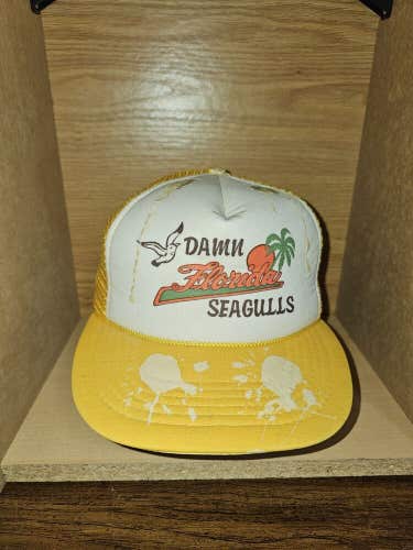 Vintage Damn Florida Seagulls Funny Trucker Mesh Yellow Hat Cap Vtg Snapback