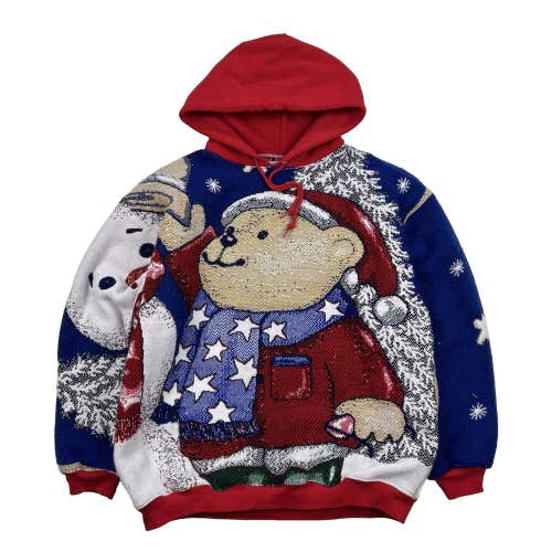 Custom Reworked Teddy Bear and Snowman Tapestry Blanket Hoodie Sz L