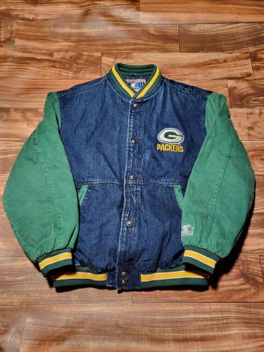 Vintage Rare Green Bay Packers NFL Sports Starter Denim Cotton Jacket Size Large