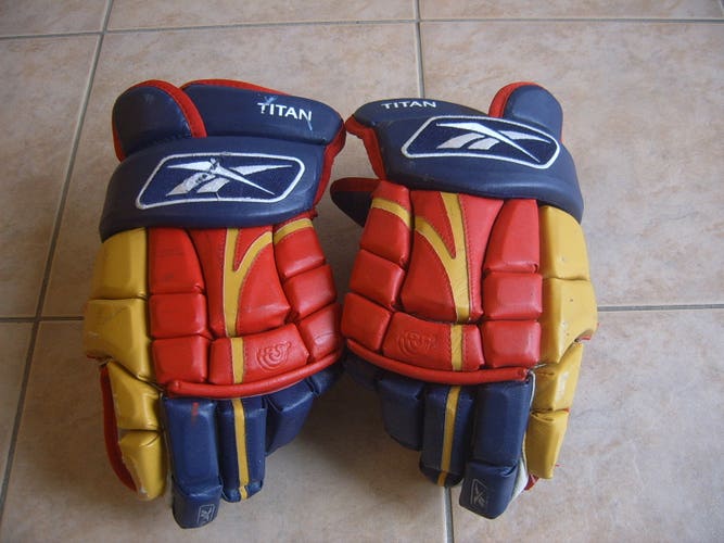 Game Used/Worn Reebok Acadie-Bathurst Titan Blue/Red/Yellow Hockey Gloves 14"
