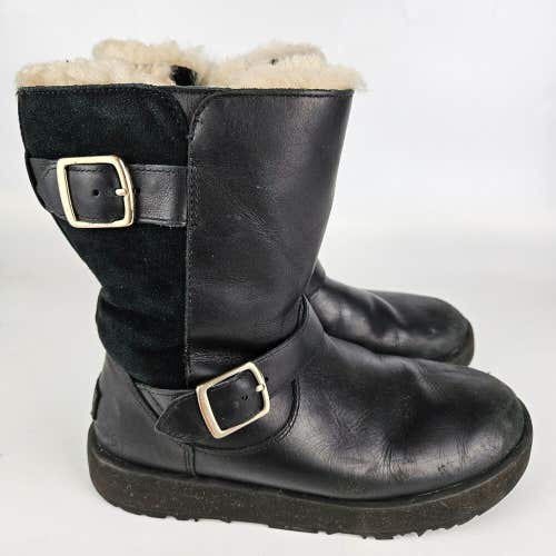 UGG Breida Black Leather Waterproof Sheepskin Vibram Sole Boots Womens Size 8