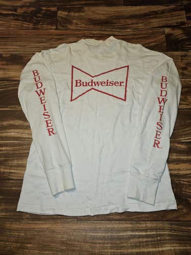Vintage 1980s Budweiser Single Stitch White Longsleeve Beer Promo Shirt Size L