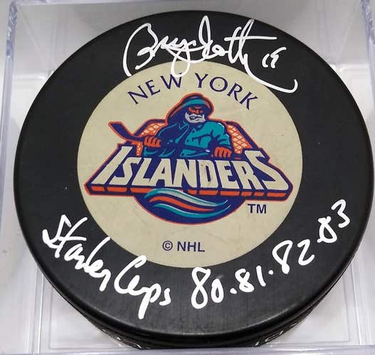 BRYAN TROTTIER Signed NY Islanders Fisherman NHL Hockey Puck Stanley Cups