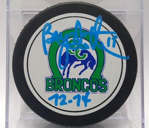 BRYAN TROTTIER Autographed Swift Current Broncos WHL Signed Hockey Puck 72-74