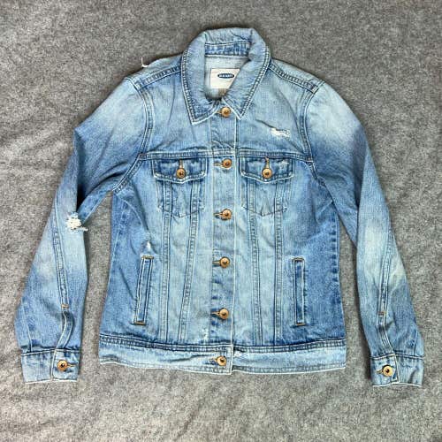 Old Navy Womens Jacket Small Blue Denim Light Wash Button Up Distressed Casual