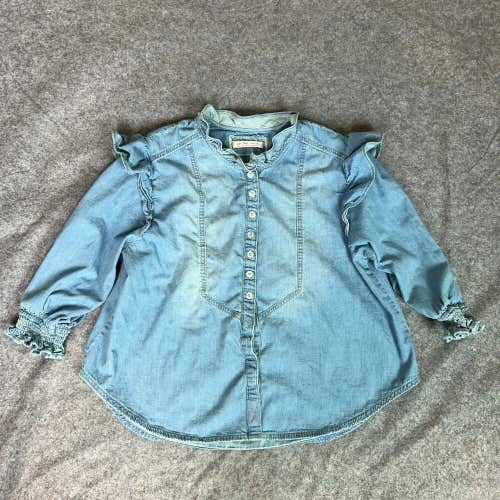 We The Free Free People Women Shirt Small Blue Top Blouse Ruffle Chambray Louise