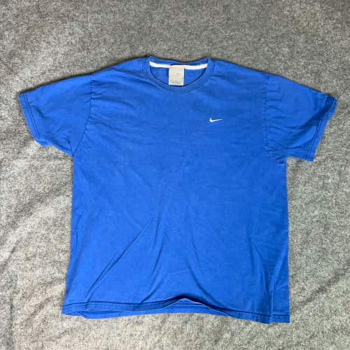 Vintage Nike Mens Shirt Large Blue Short Sleeve Tee White Swoosh Embroidered Y2K