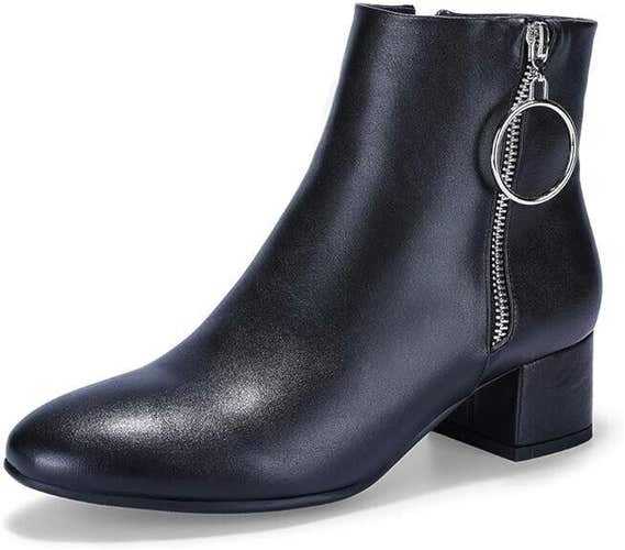 IDIFU Women Ring Zipper Ankle Boots 1.8 Inch Low Block Heels Black Size 11
