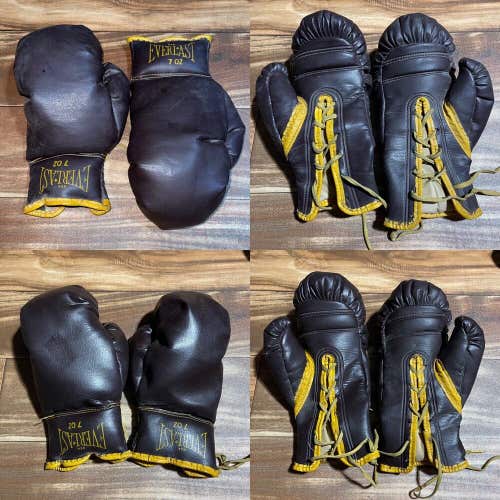 Vintage Everlast 7oz Boxing Gloves 2 Pair Set 7 Ounce Brown Yellow Trim Laces