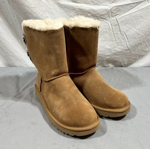 UGG Australia Bailey Checkered Bow Brown Shearling Suede Boots US 10 EU 41 NEW