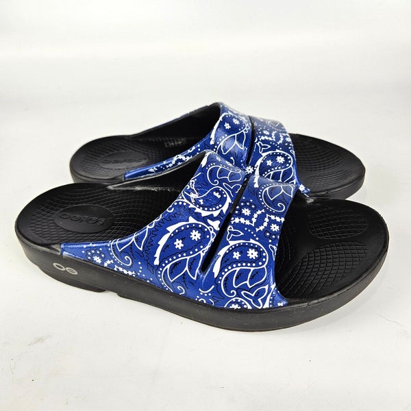 OOFOS OOahh Limited Slide Sandal Recovery Blue Paisley Women's Size: 6