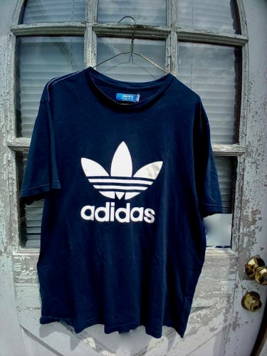 Adidas T Shirt XL Adult Navy Blue Athletic Sport Text Logo Outdoor Cotton SS