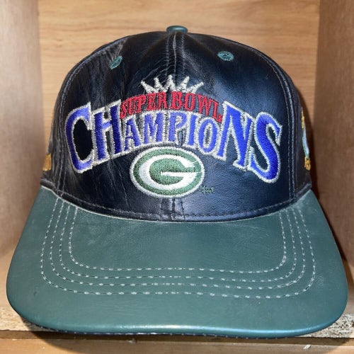 Vintage Green Bay Packers Leather Hat Cap Snapback Super Bowl Champion USA 90s