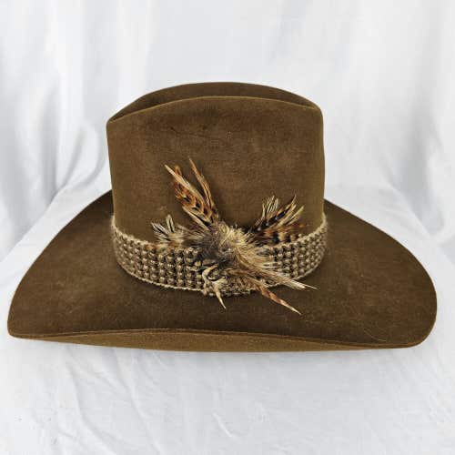 Vintage Stetson Brown Cowboy Western Feather Banded Hat 7 1/8 Felt Leather