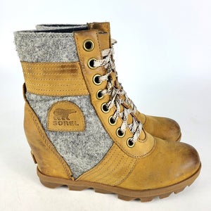 SOREL Lexie Wedge Boots Womens Size 7 Waterproof Camel Brown Leather Gray Fleece