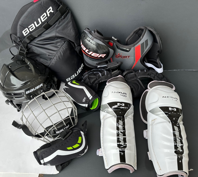Youth Bauer Hockey Pants shin guards, gloves, helmet, shoulder pads Bundle