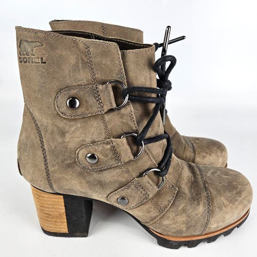 Sorel Addington Brown Leather Ankle Boots Women's Size 8 Block Heel NL2360-078