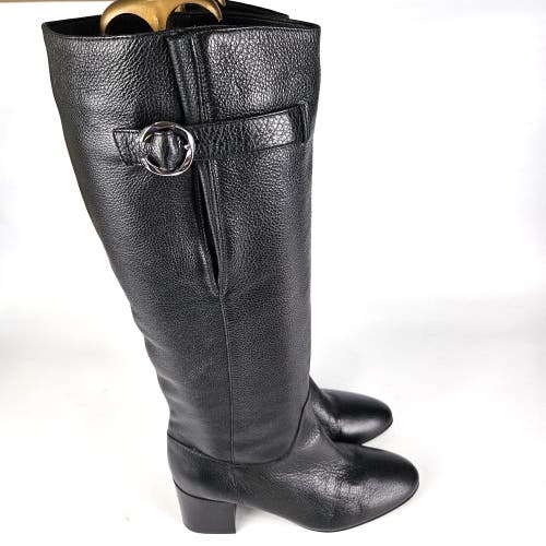AQUATALIA Fabrianna Tall Leather Boot Black Block Heel Pull On Knee Size 8.5 NEW