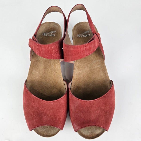 Dansko Vera Womens 41 10.5 Red Nubuck Leather Peep Toe Wedge