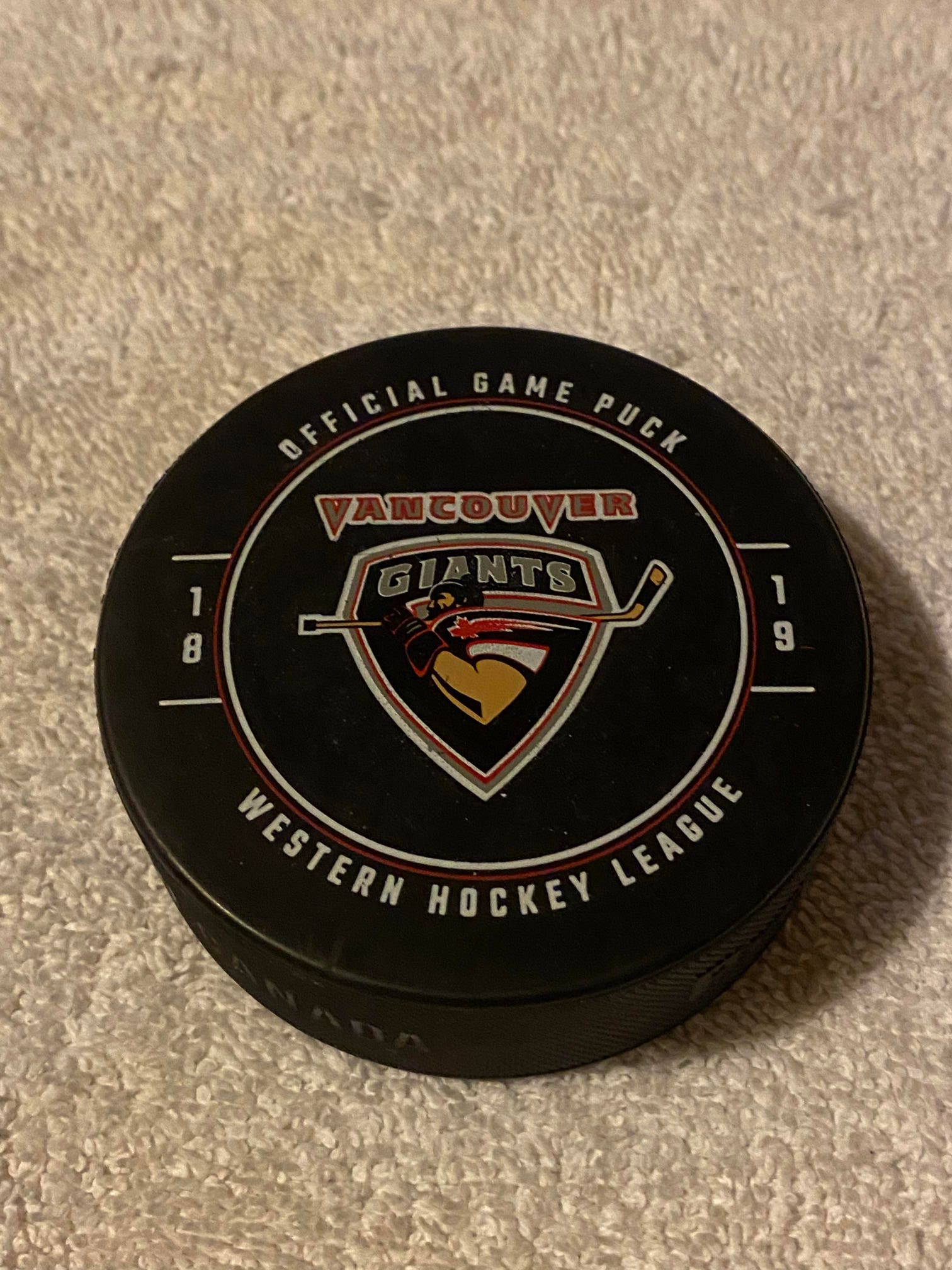 Vancouver Giants Western Hockey League Junior Hockey 2018-2019 Official Game Puck