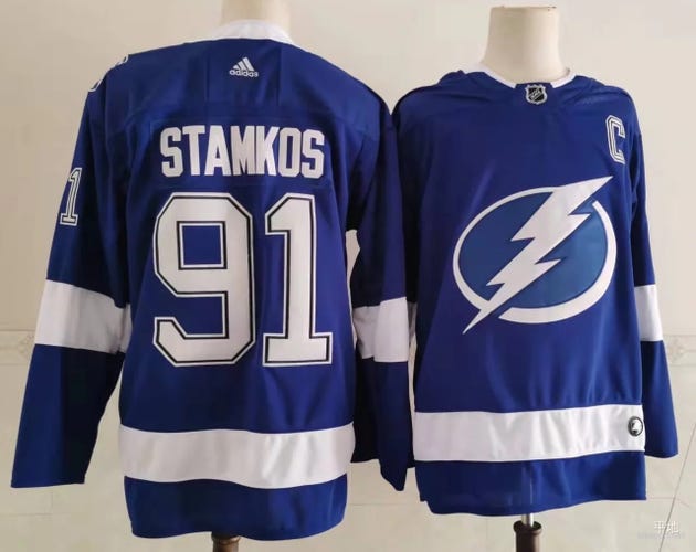 Tampa Bay Lightning 91 Steven Stamkos Blue Ice Hockey Jerseys size 52
