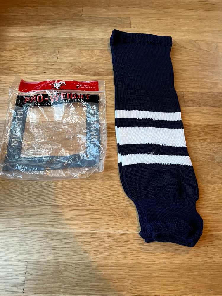 Pear Sox Pro-Weight Knit Hockey Socks Navy/White - Intermediate NEW