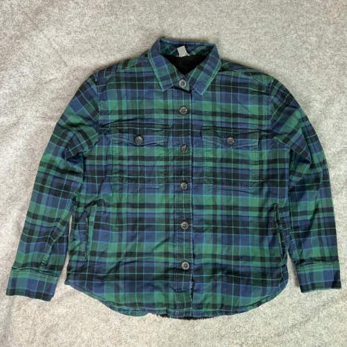 Eddie Bauer Womens Shirt Large Green Blue Flannel Plaid Sherpa Lined Shacket Top