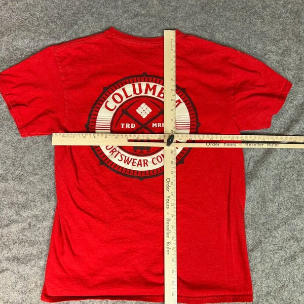 Columbia Mens Shirt Medium Red Short Sleeve Tee Back Logo Spellout Gorpcore  Top