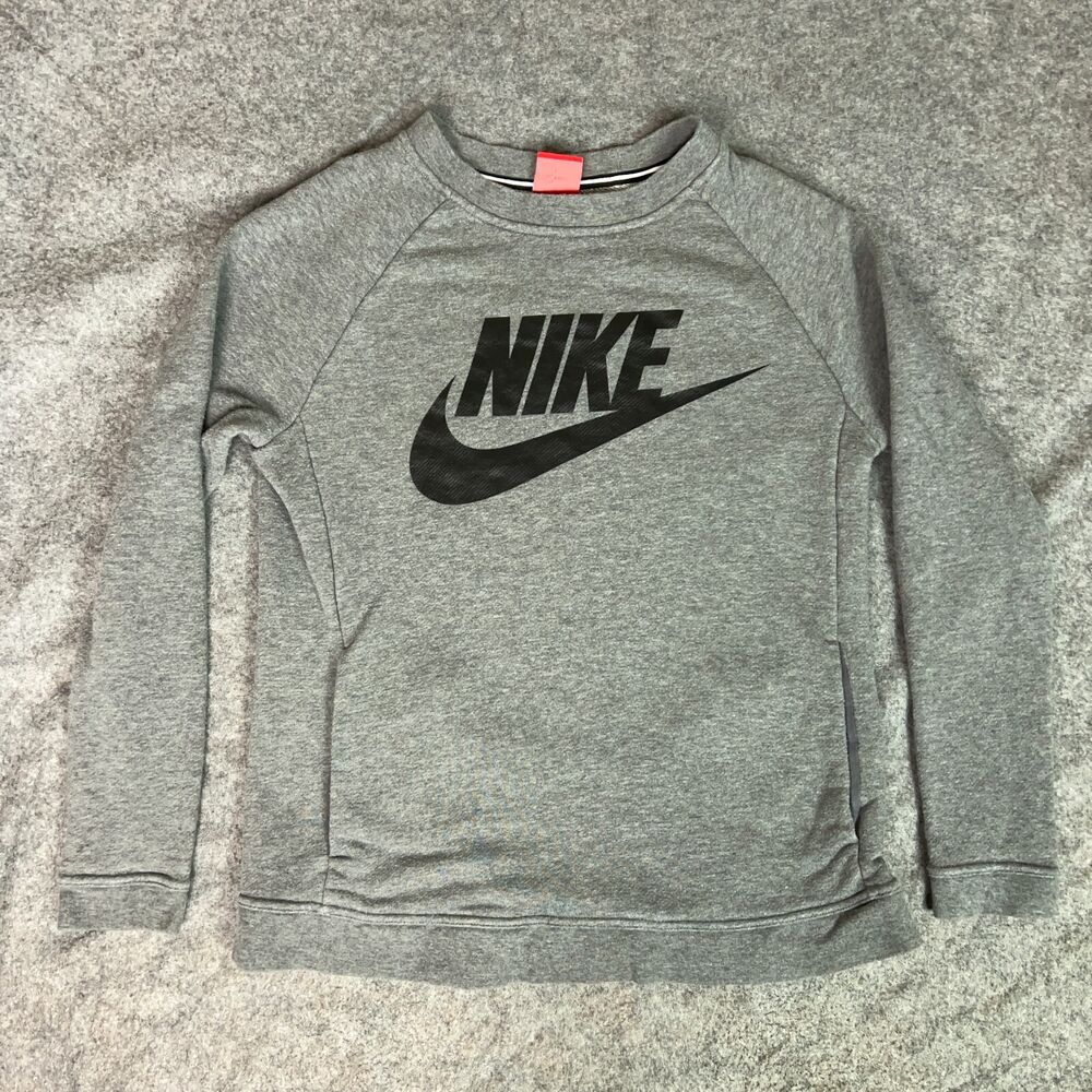 Nike Womens Sweatshirt Small Gray Black Air Logo Sweater Pockets Gym Lounge  Top