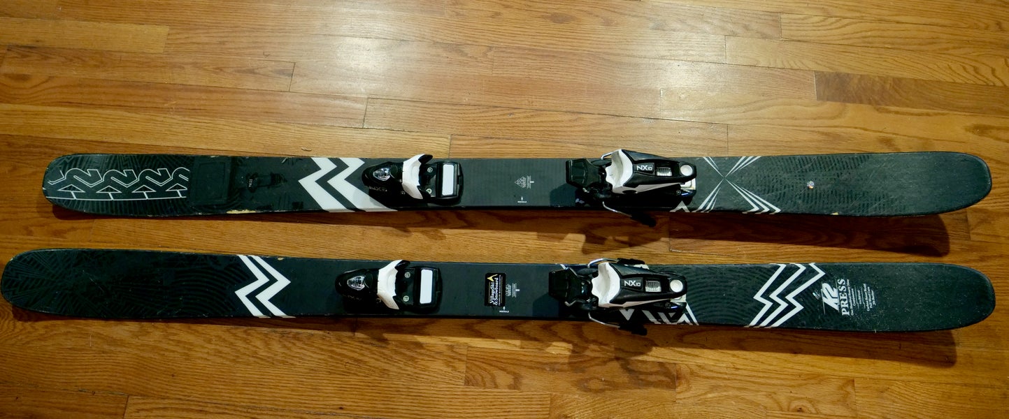 Used Unisex K2 149 cm Press Park Skis With Look NX Bindings Max Din 10 Twin Tip