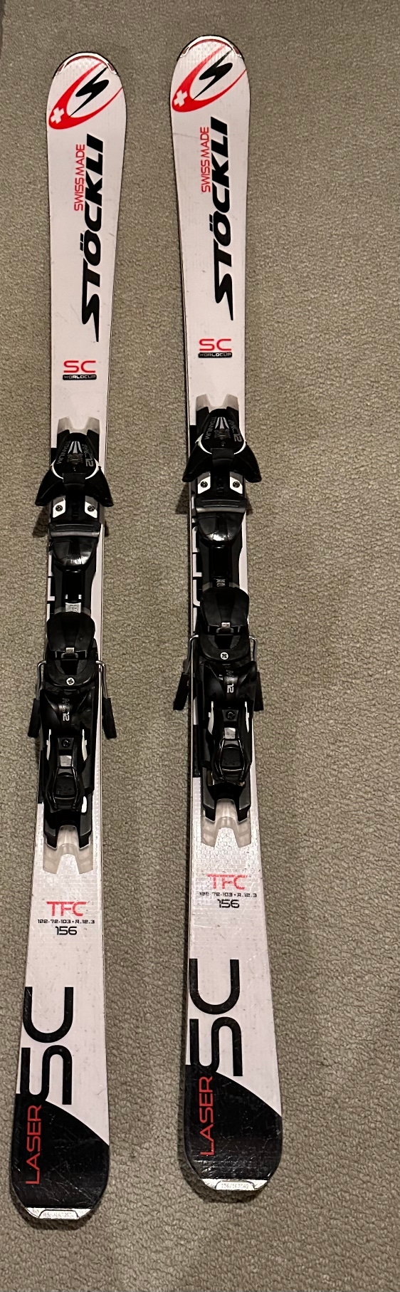 Stockli Laser SC 156 cm Swiss made skis with Salomon SM12 bindings