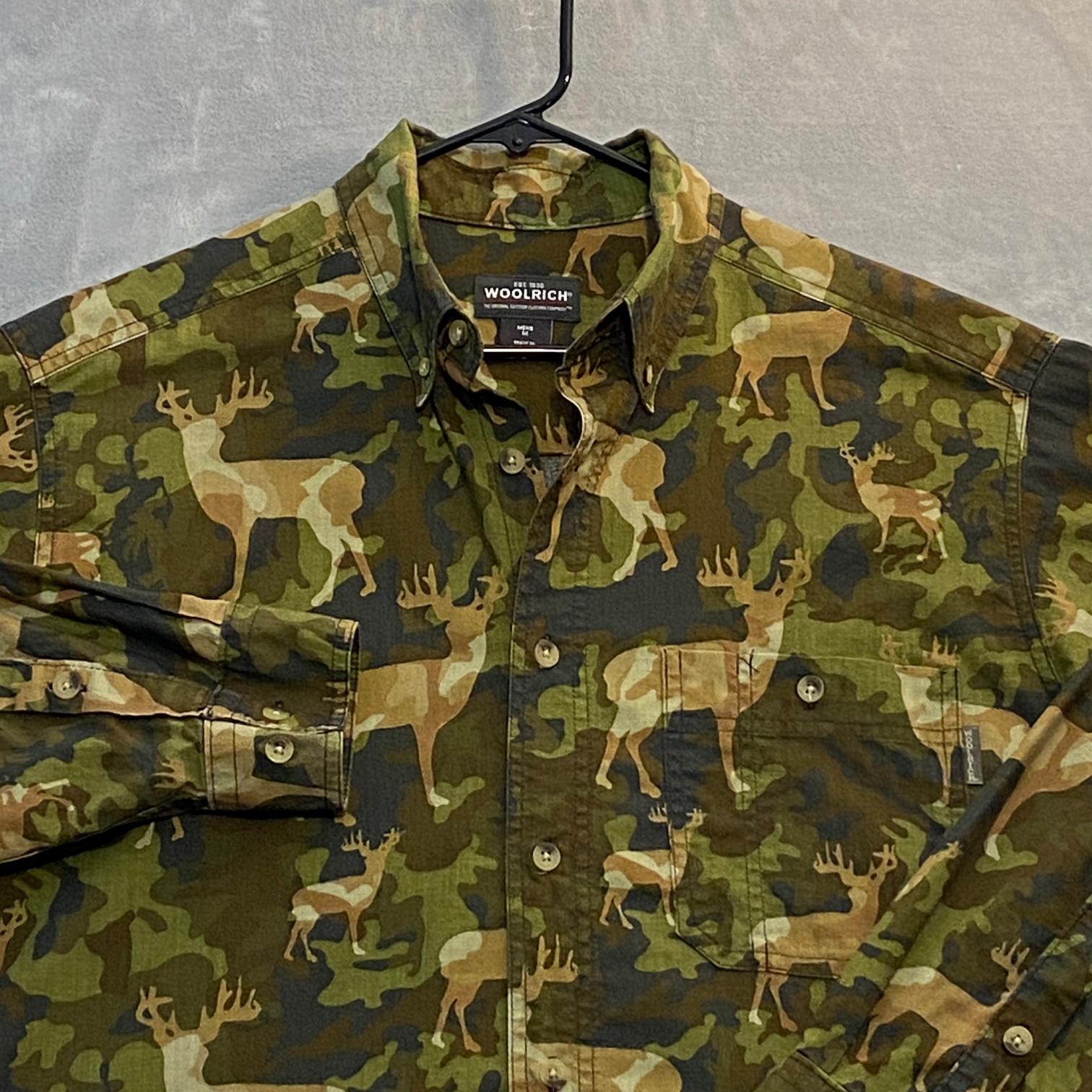 Vintage Woolrich Shirt Men Medium Long Sleeve Olive Camouflage Deer Woodland