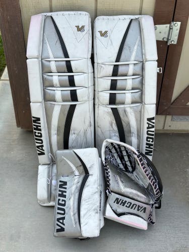 Vaughn V6 hockey goalie leg pads, glove, blocker