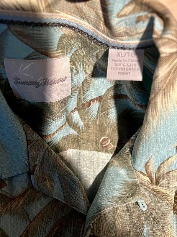 Teal Green with Olive/Brown/Off-White Palm Tree Motif Tommy Bahama Silk Shirt (XL)