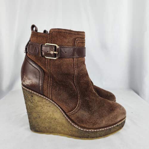 Tory Burch Almond Brown Remy Ankle Shearling Lined Wedge Heel Boot Booties 7.5 M