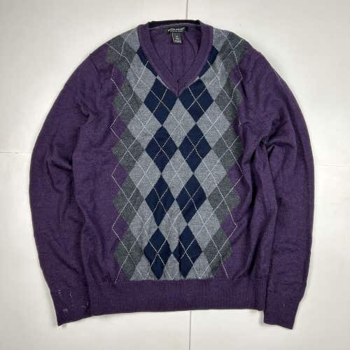 Banana Republic 100% Extra Fine Merino Wool Sweater V-Neck Purple Argyle Medium