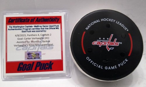 4-8-23 CARTER VERHAEGHE Florida Panthers vs Capitals NHL Game Used GOAL Puck