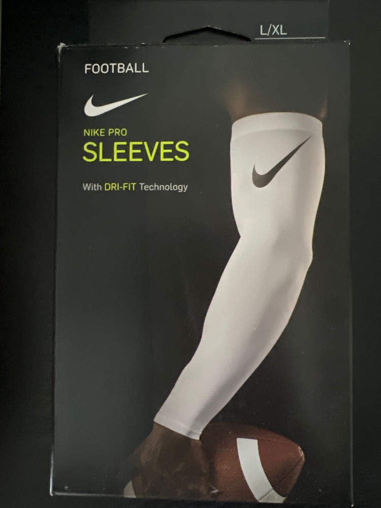 NIKE PRO FOOTBALL SLEEVES W/ DRI-FIT WHITE ONE PAIR L/XL NEW IN BOX