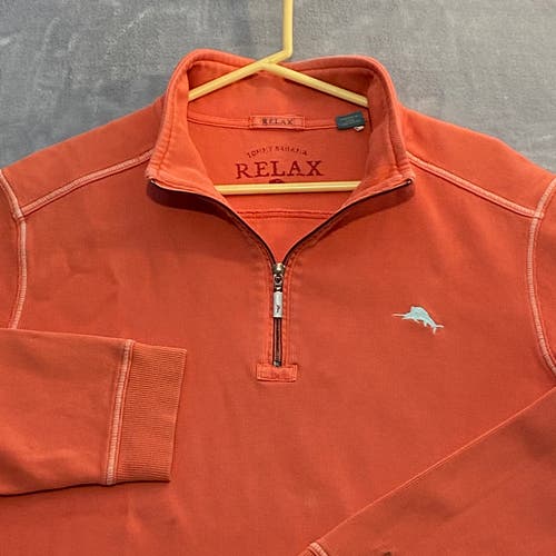 Tommy Bahama Relax Sweater Men Large Orange 1/4 Zip Dad Pullover Marlin Logo
