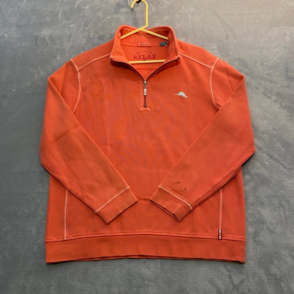 Tommy Bahama Relax Sweater Men Large Orange 1/4 Zip Dad Pullover Marlin Logo