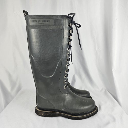 Ilse Jacobsen Hornbaek Handmade Tall Rain Boots Gray Lace Up Boots Sz 35 US Sz 4