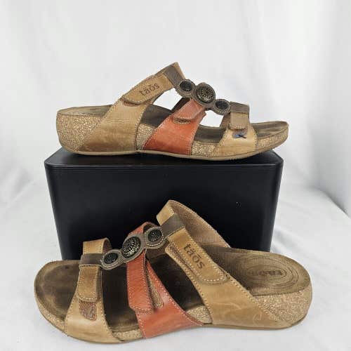 TAOS PRIZE 3 Triple Strap Brown Orange Sandals Medallions Size 37,  Womens 6-6.5